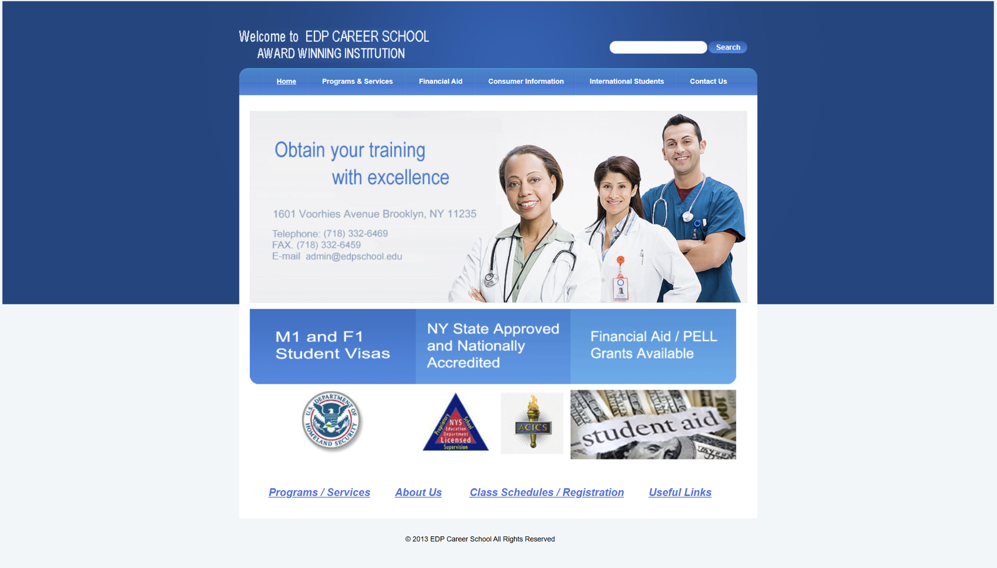 Legacy E.D.P. School website with a blue fixed-width design, older navigation, and medical-professional stock imagery