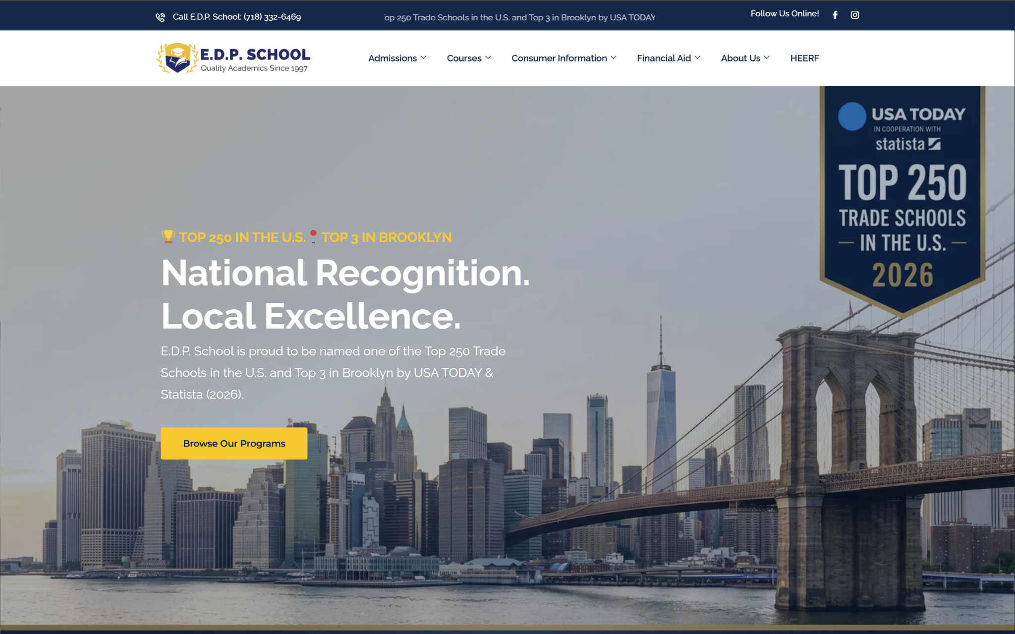 Current E.D.P. School website with responsive navigation, Brooklyn imagery, and modern typography