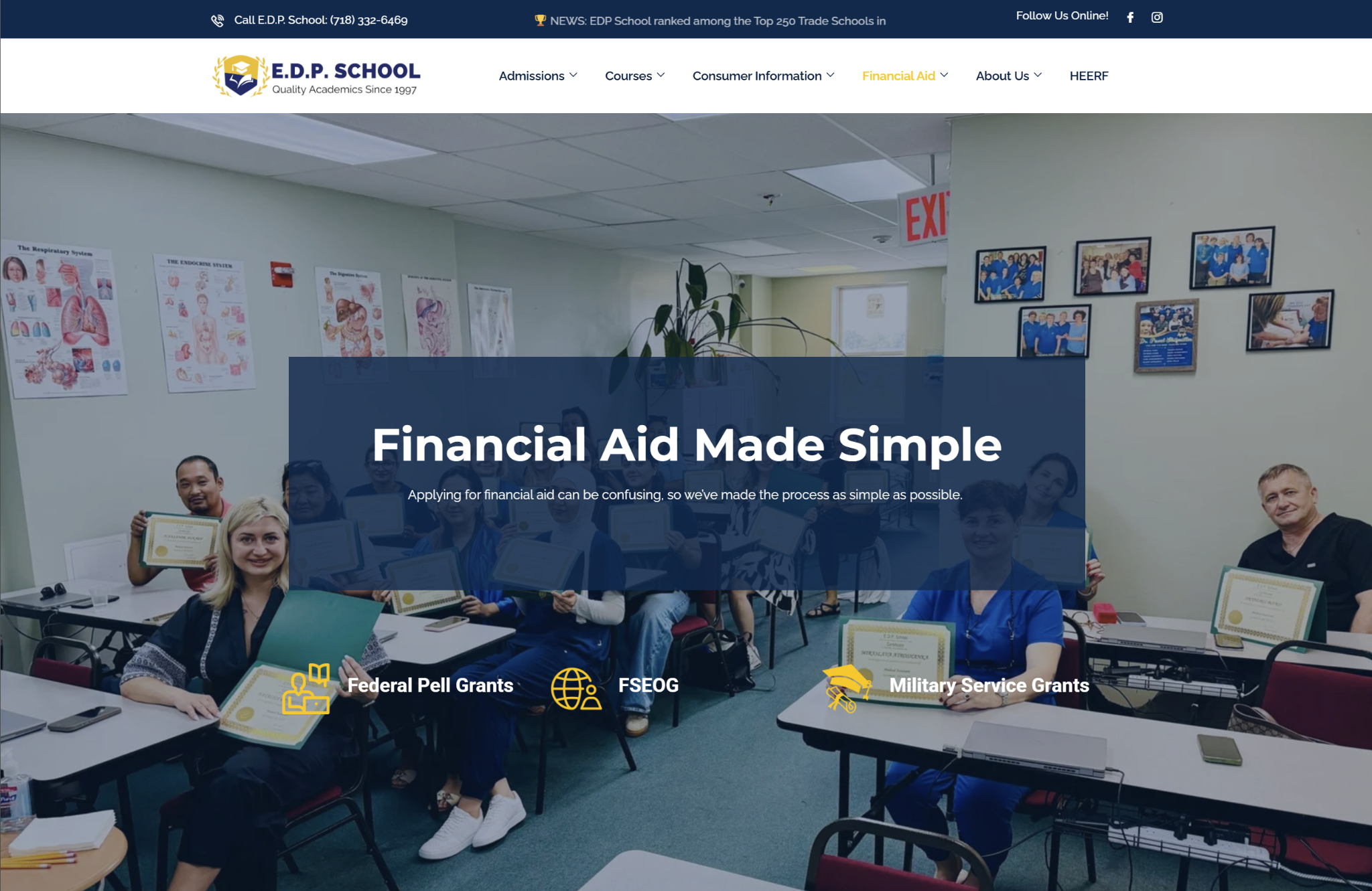 Current E.D.P. School Financial Aid page with a full-width student image, clearer hierarchy, and modern navigation