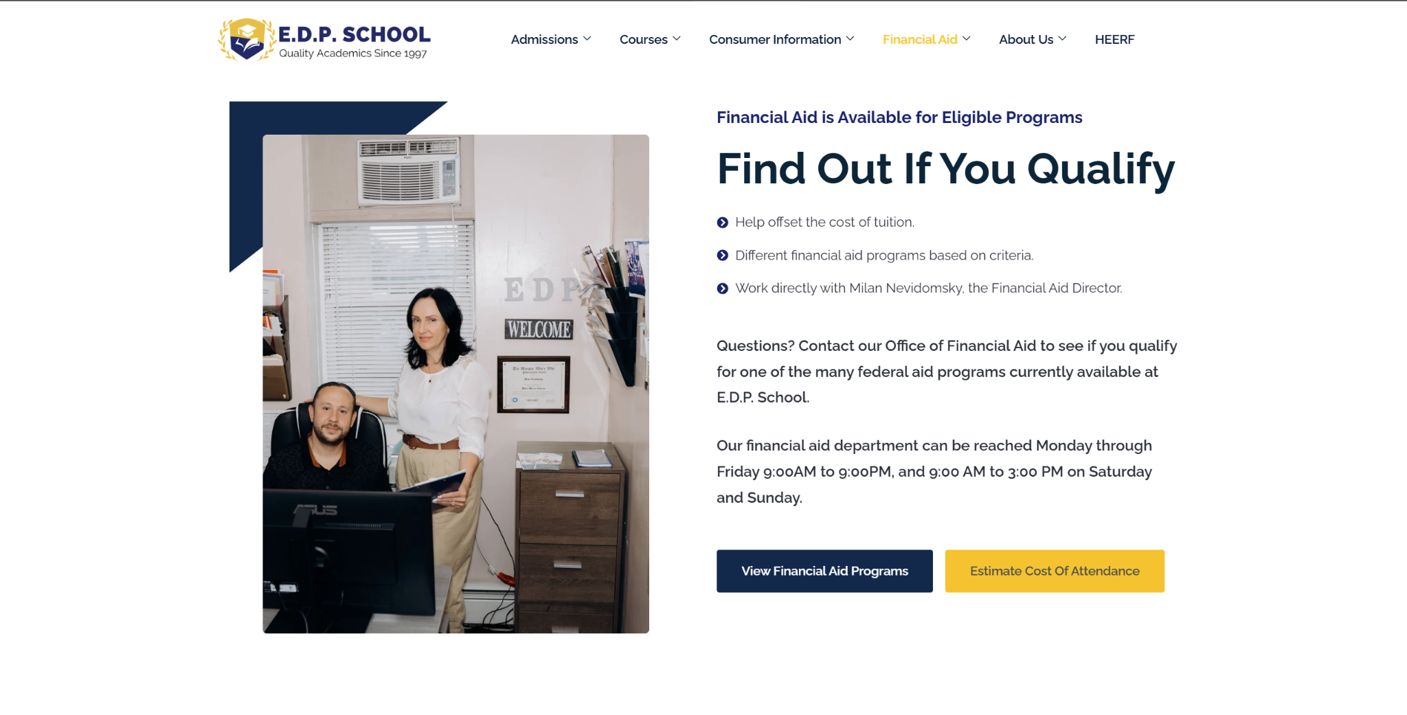 Current E.D.P. School Financial Aid qualification section with contact guidance and calls to view aid programs or estimate attendance costs